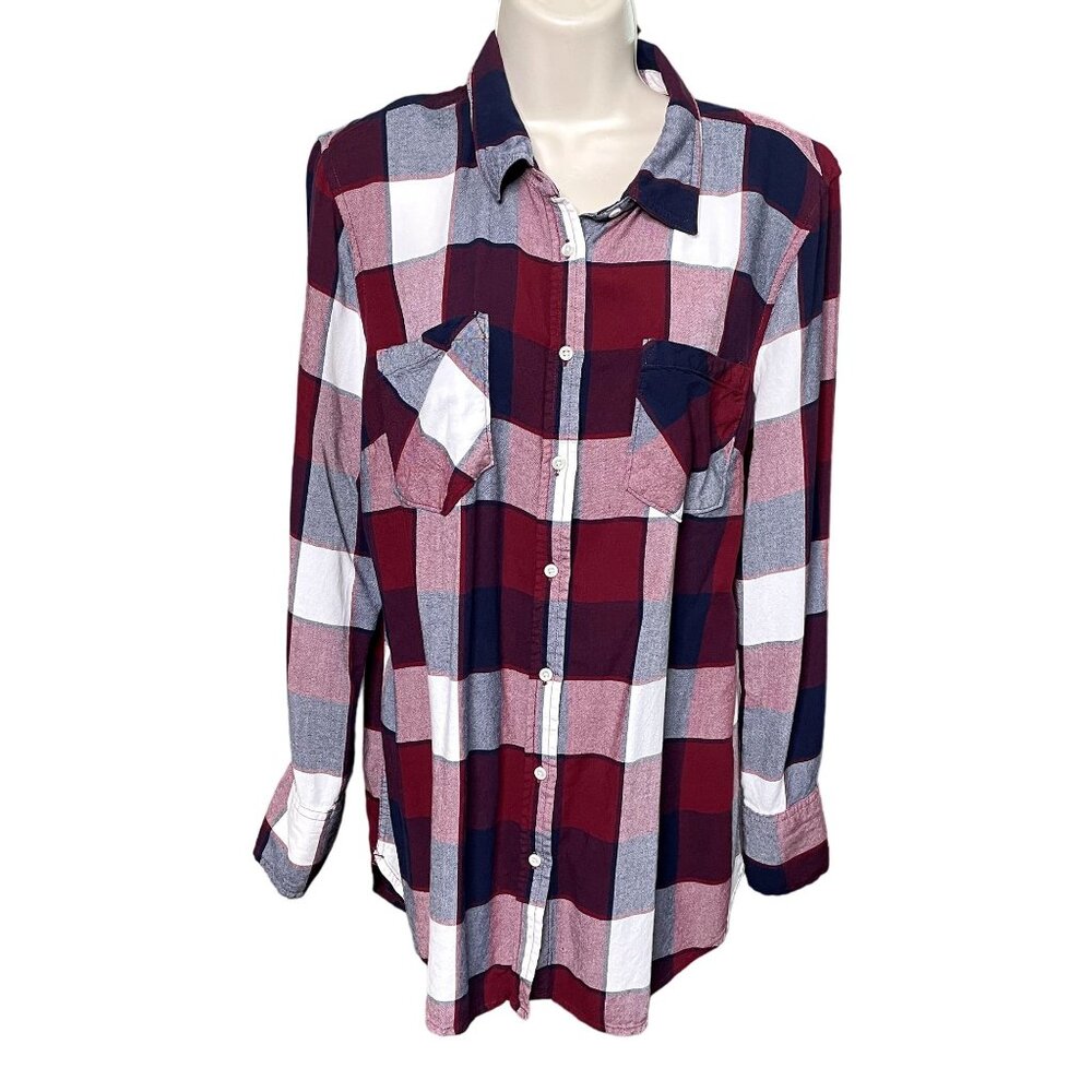 Merona Shirt Flannel Plaid Button Down Red Blue Size XL Long Sleeve u